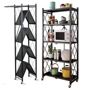 5-Tier Foldable Storage Shelves with Wheels | Heavy-Duty Carbon Steel Rolling Organizer Cart