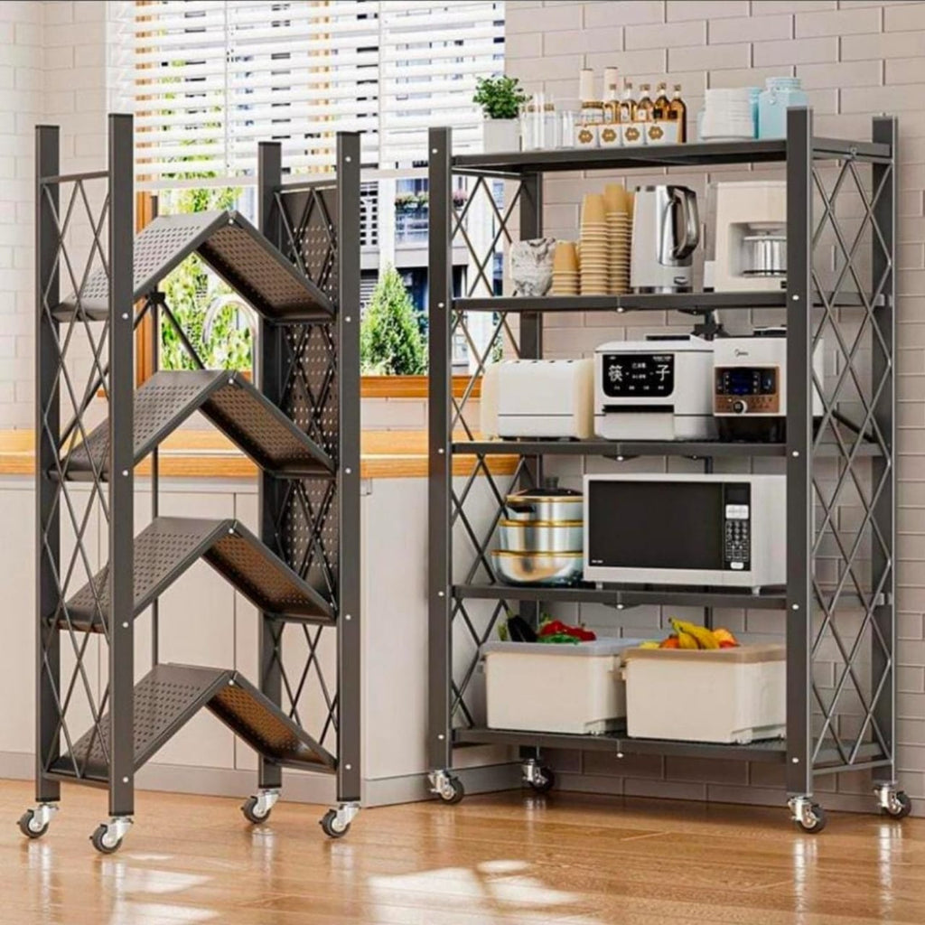 5-Layer Foldable Moveable Kitchen Storage Rack 360° Wheels Rust-Free Metal Organizer – Black