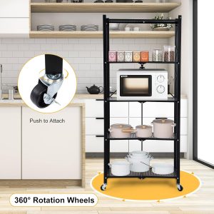 5-Tier Foldable Storage Shelves with Wheels | Heavy-Duty Carbon Steel Rolling Organizer Cart
