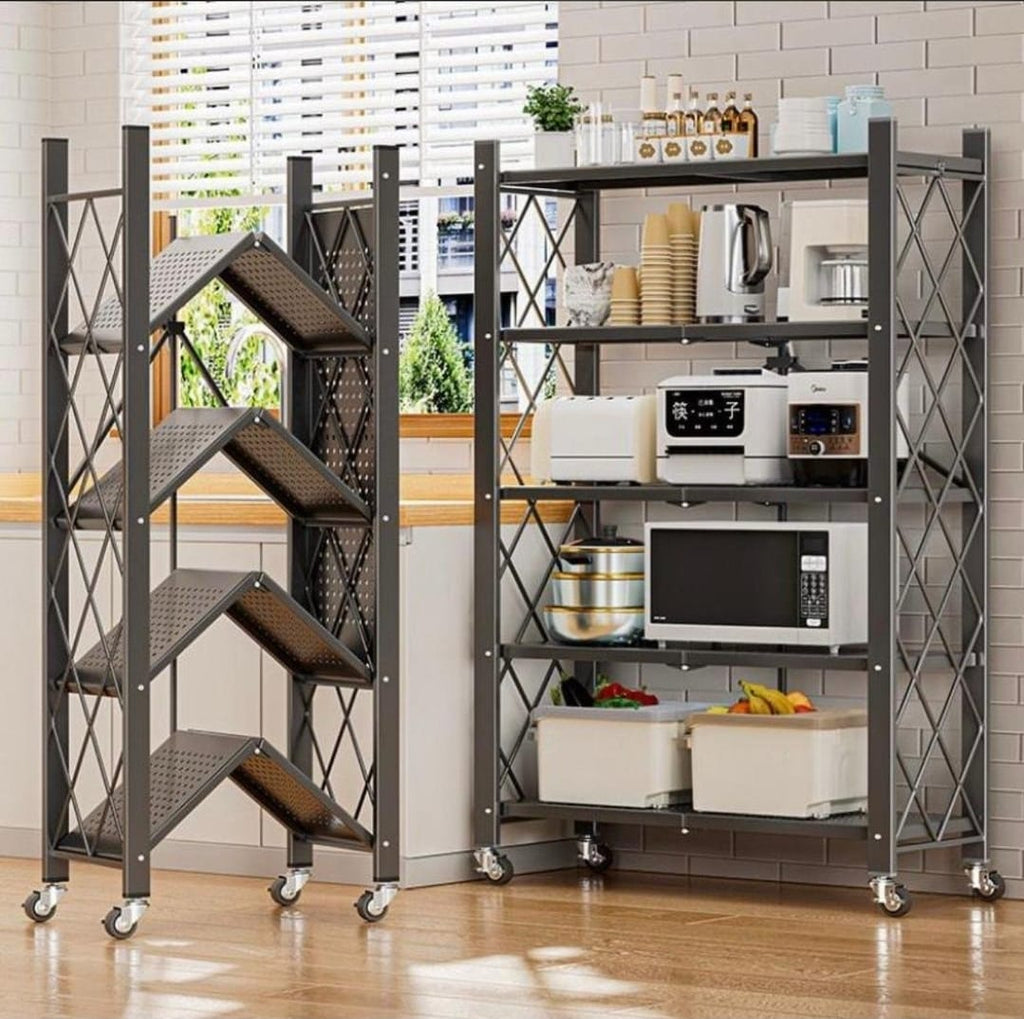 5-Tier Foldable Storage Shelves with Wheels | Heavy-Duty Carbon Steel Rolling Organizer Cart