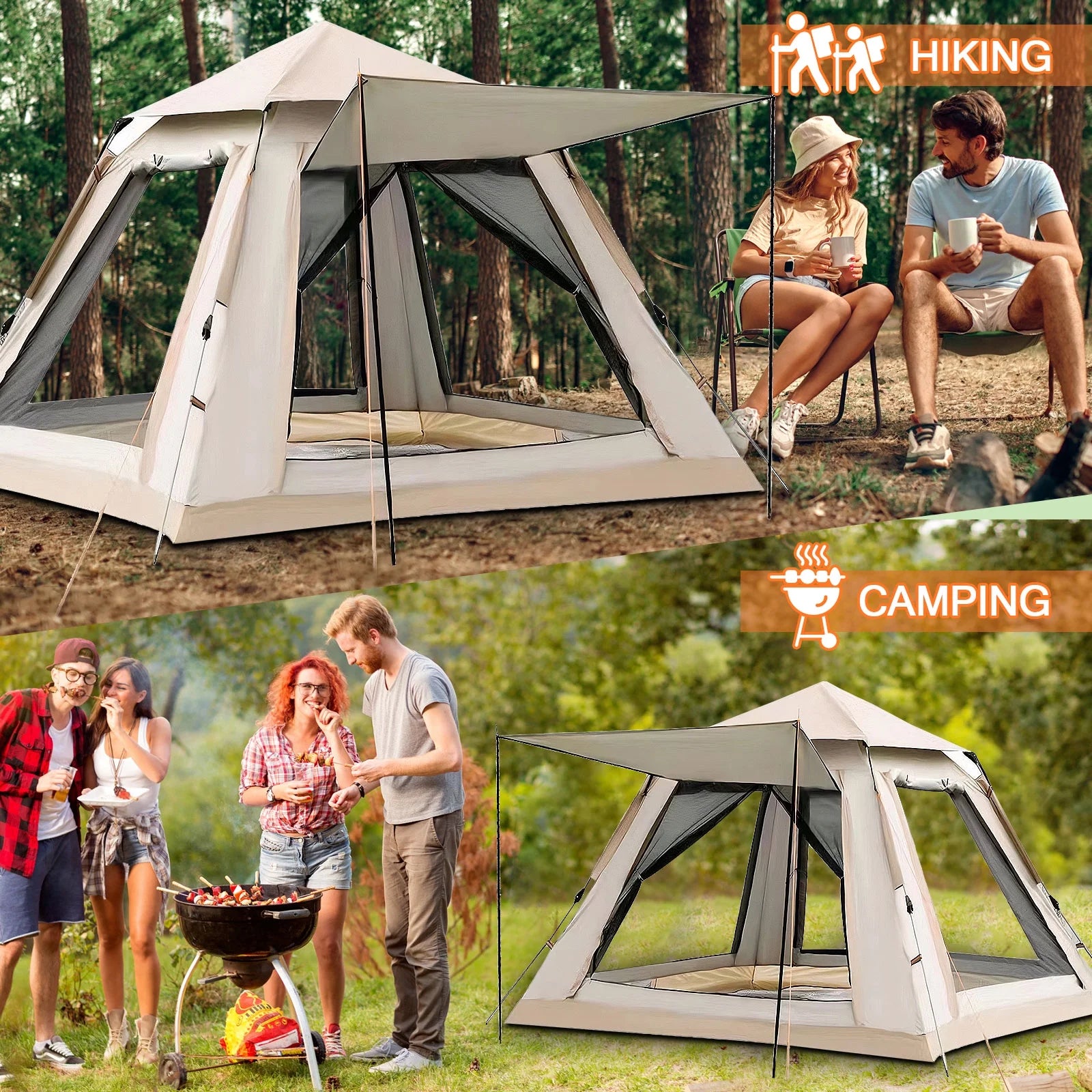 6 Person Pop Up Tent – Family Camping Tent with Hammock, Automatic Water-Resistant, Instant Setup & Carry Bag for Beach, Hiking & Traveling