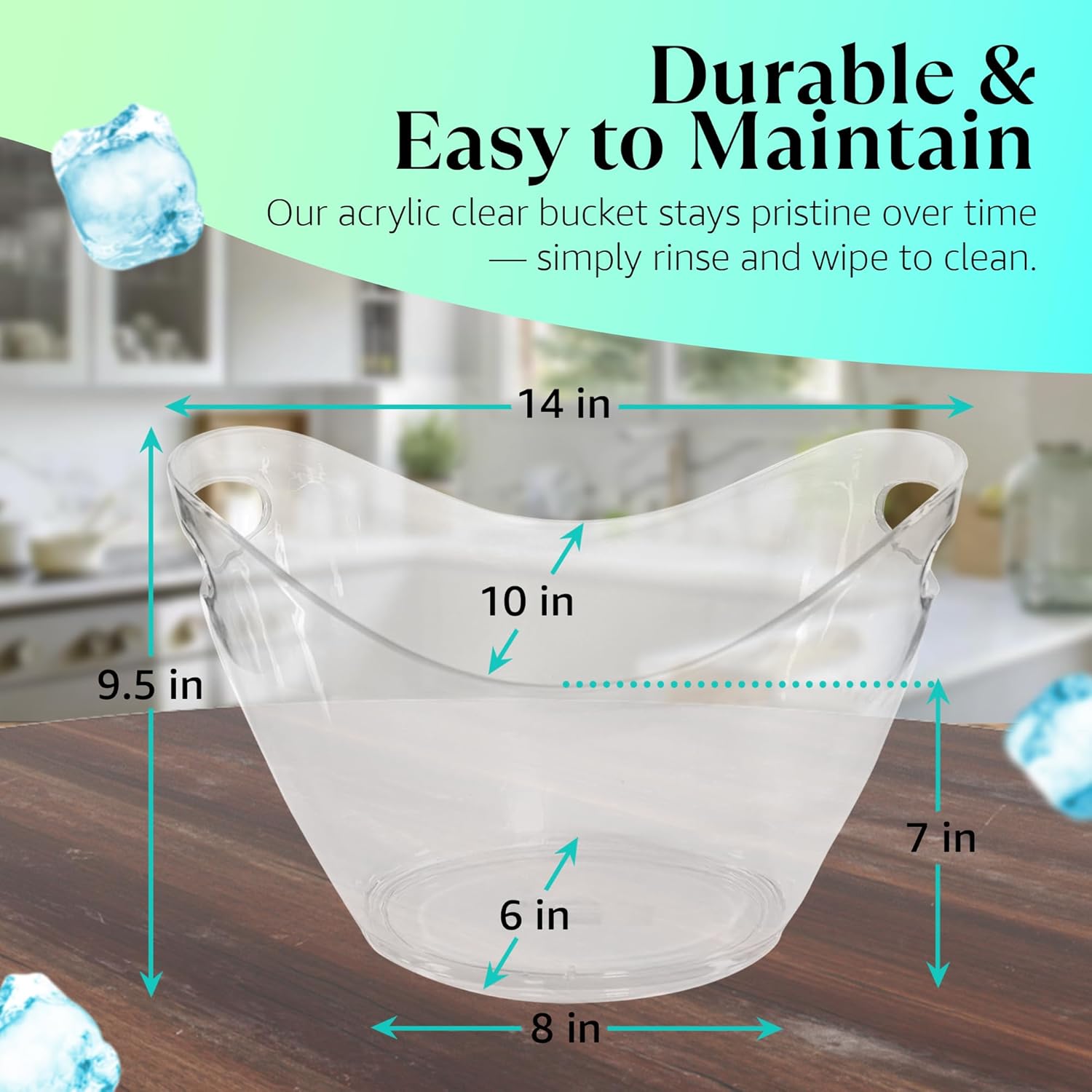 8L Large Clear Acrylic Ice Bucket | Transparent Party Drink Tub Chiller for 2-4 Wine & Champagne Bottles | Modern Beverage Cooler with Handles for Indoor/Outdoor Events