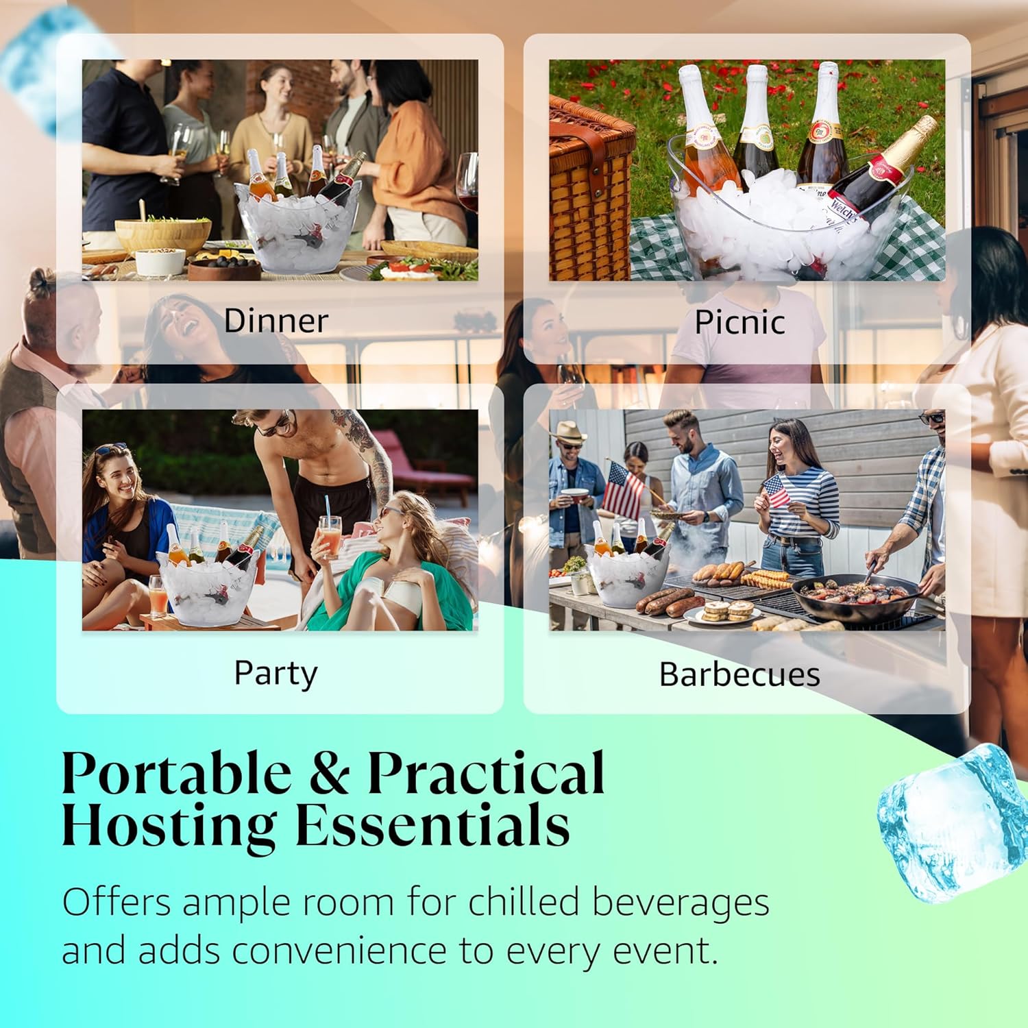 8L Large Clear Acrylic Ice Bucket | Transparent Party Drink Tub Chiller for 2-4 Wine & Champagne Bottles | Modern Beverage Cooler with Handles for Indoor/Outdoor Events