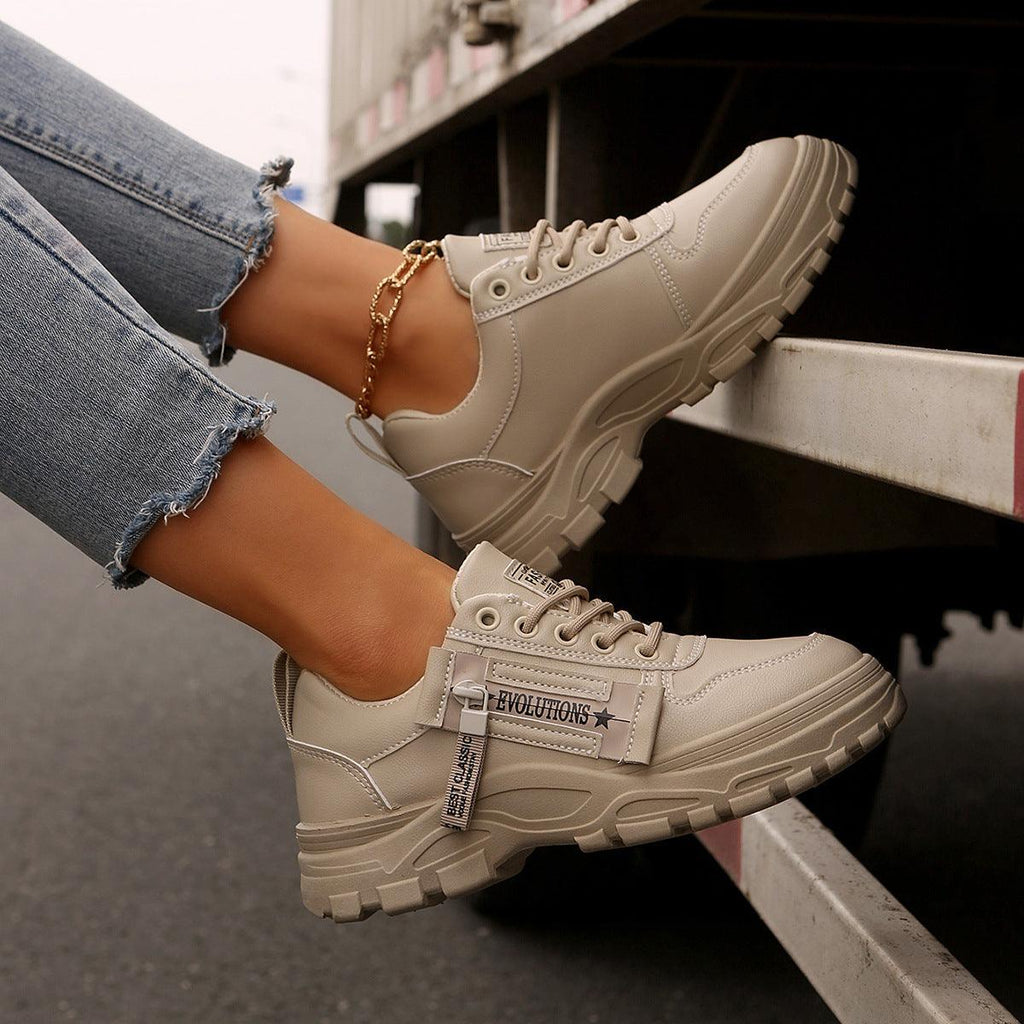 Lace-up Sports Shoes With Side-Zipper Design – Fashion Thick-Soled Round-Toe Casual Sneakers For Women - LIFE STORES UGANDA