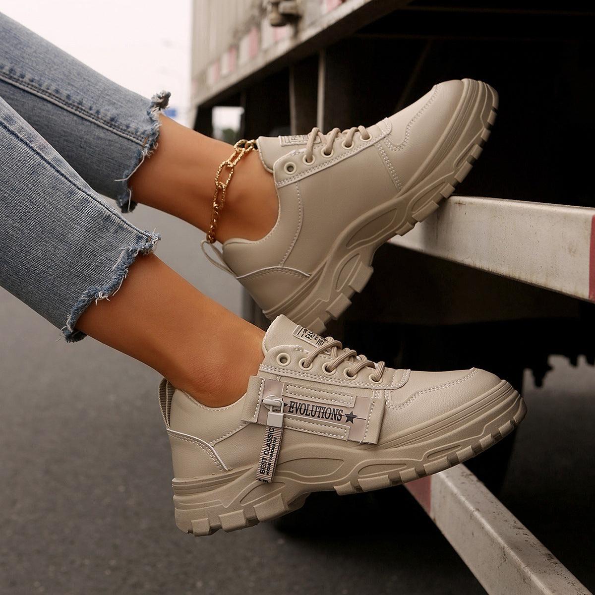 Lace-up Sports Shoes With Side-Zipper Design – Fashion Thick-Soled Round-Toe Casual Sneakers For Women - LIFE STORES UGANDA
