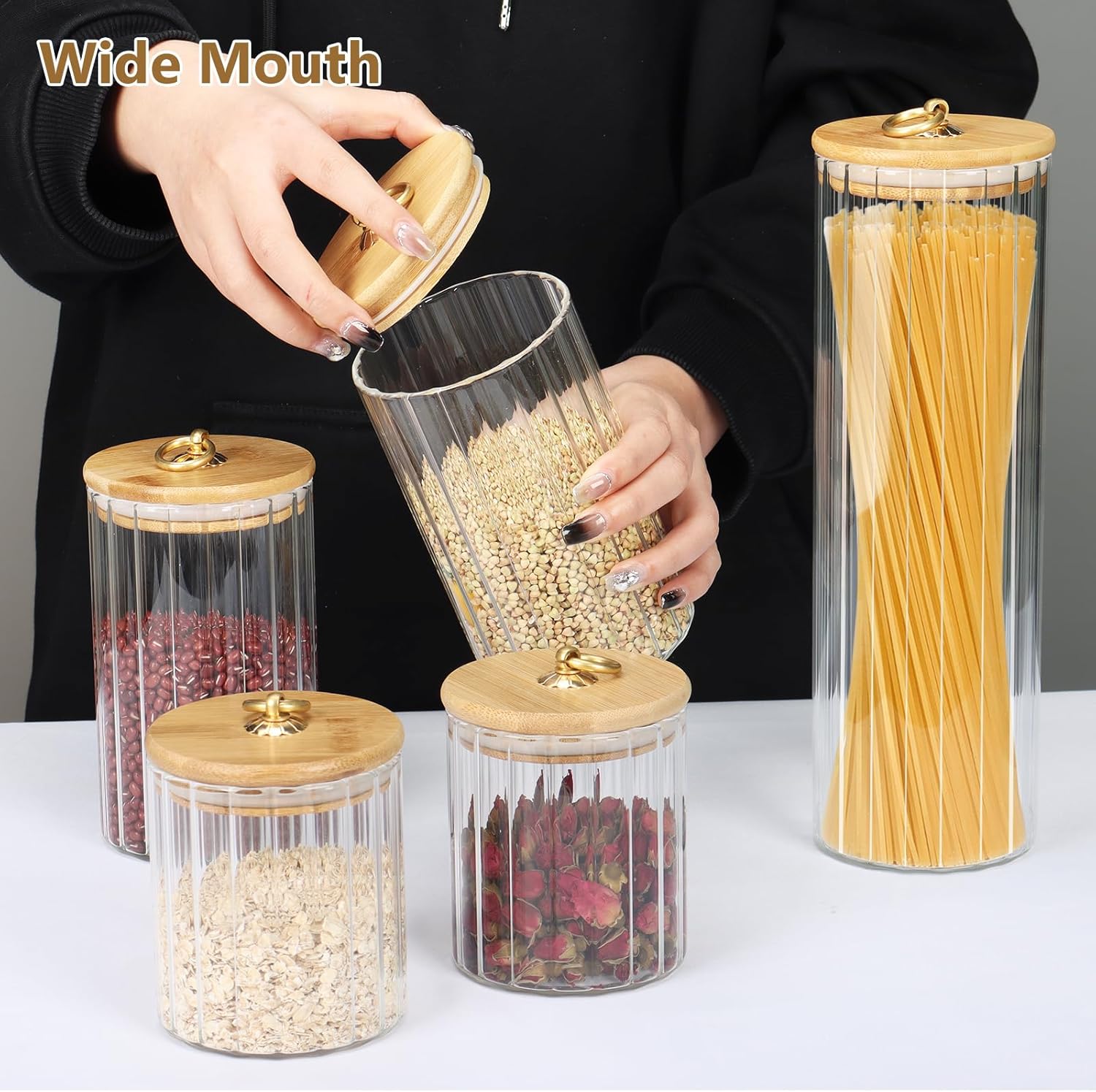 Set of 5 Coffee Bar Storage Jars – Airtight Glass Containers with Bamboo Lids