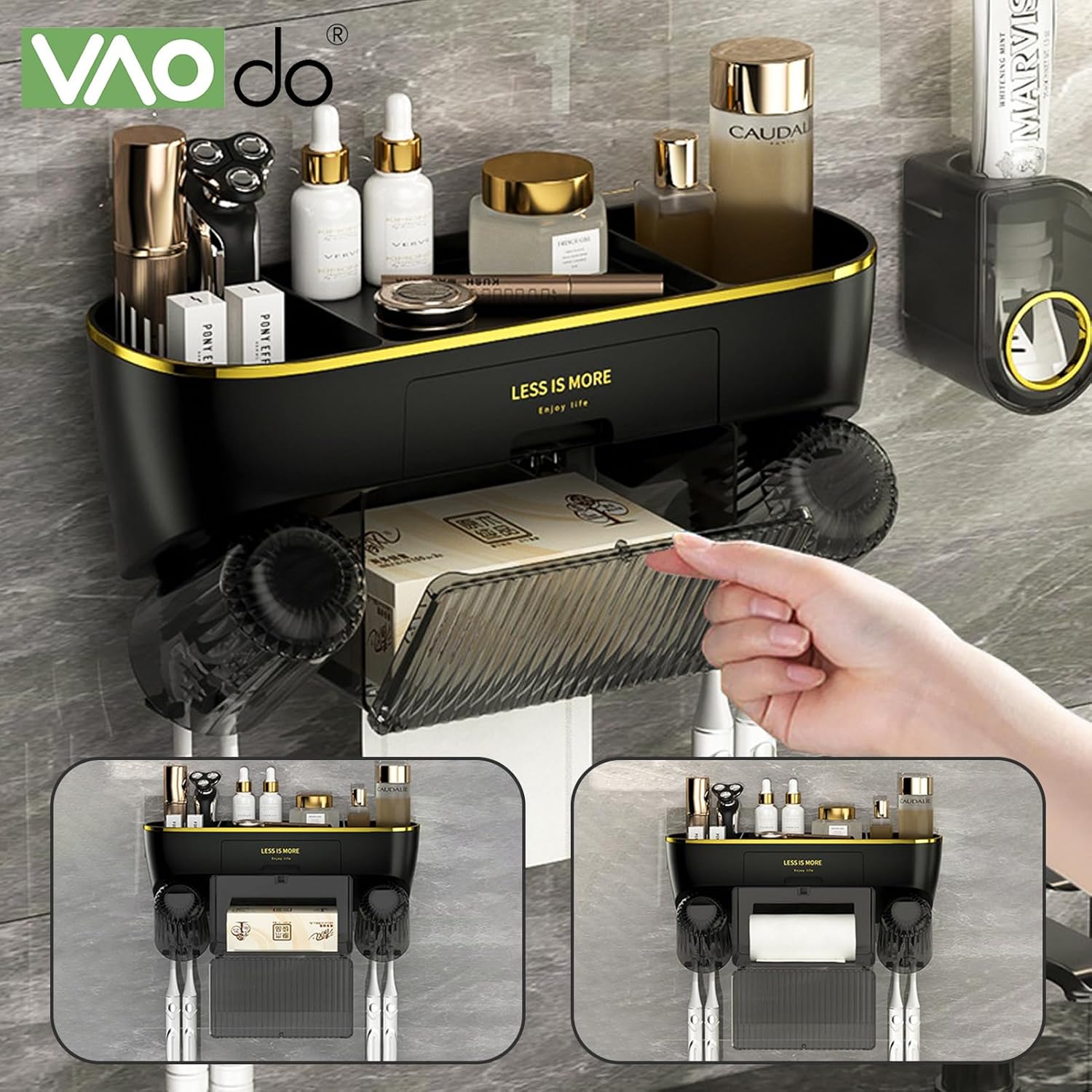 Wall-Mounted Toothbrush Holder with Toothpaste Dispenser – 4 Slots, Drawer + Storage Tray