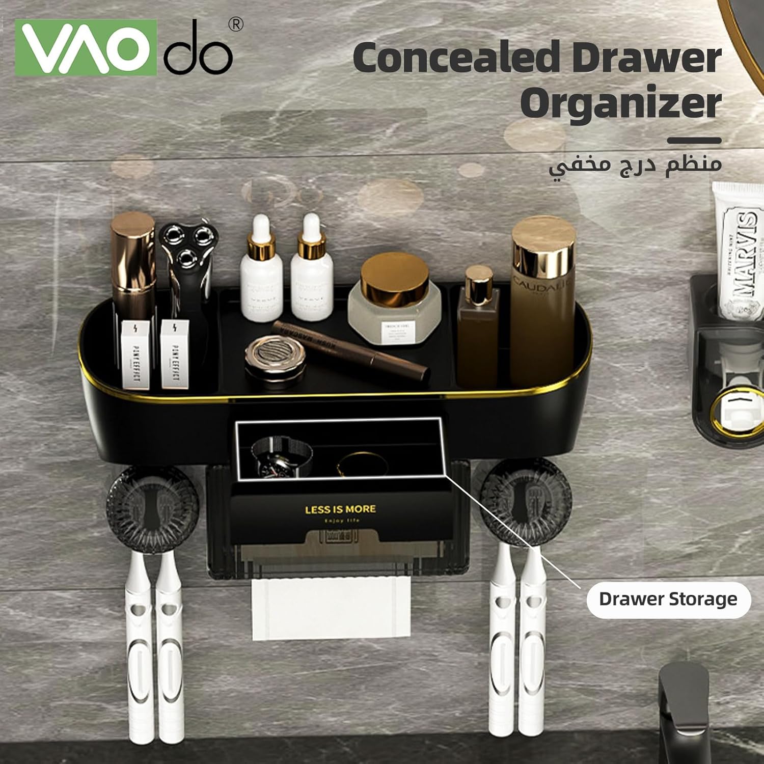 Wall-Mounted Toothbrush Holder with Toothpaste Dispenser – 4 Slots, Drawer + Storage Tray