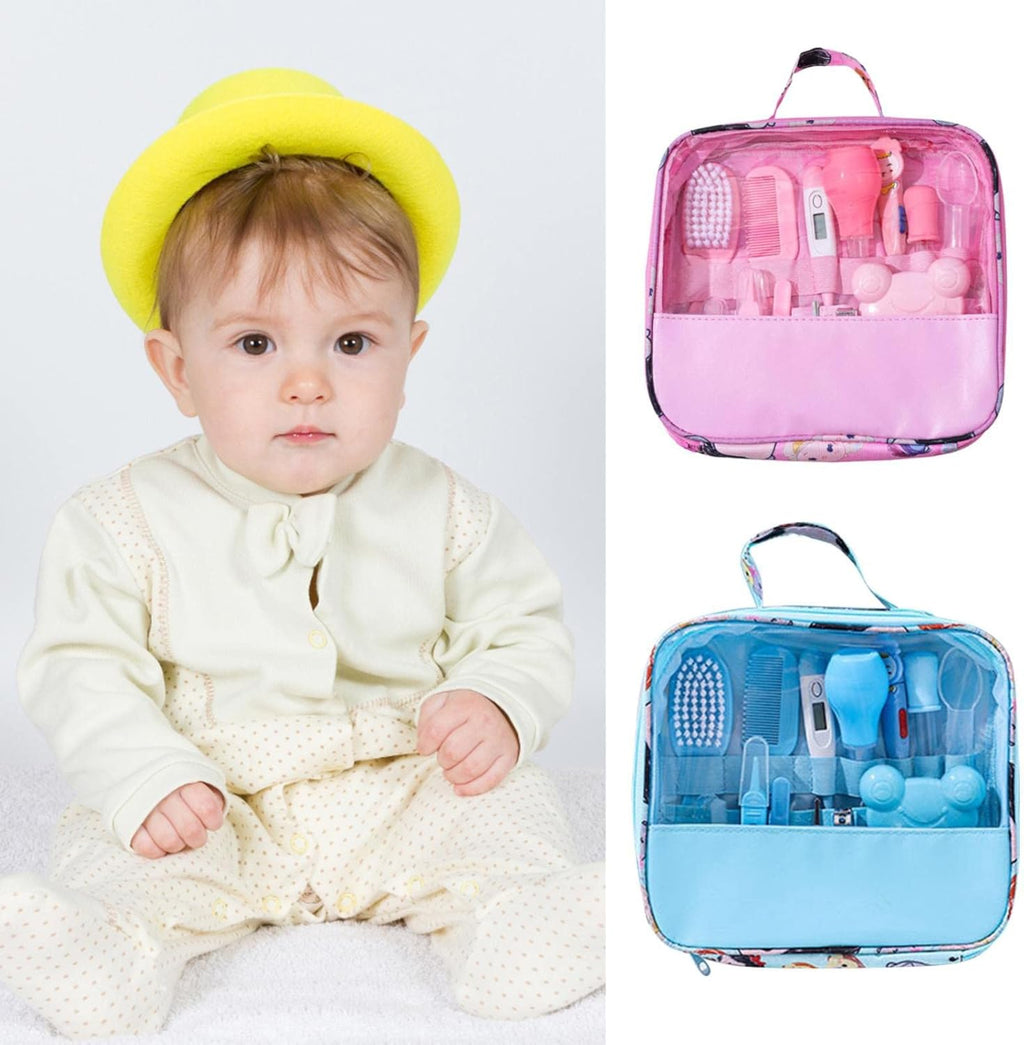 Baby Care Bag Set - 13 Piece Baby Nose & Nail Clips Kit with Daily Cleaning Supplies, Nail Hand Practice (Blue or Pink)