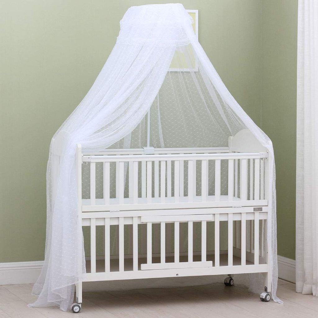 White Baby Cot Mosquito Net with Lamp - Delicate Crib Canopy & Soothing Night Light, Heart Design with Clamp Holder