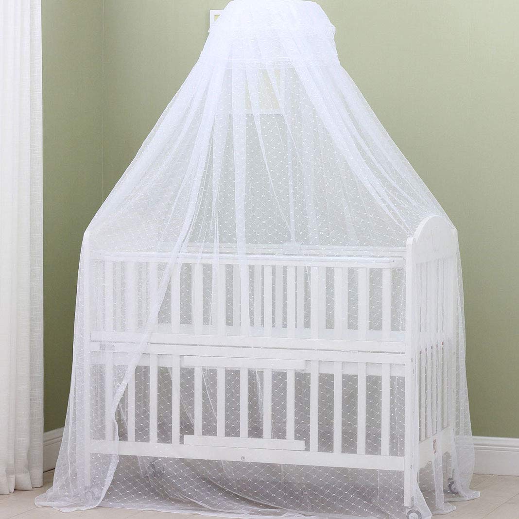 White Baby Cot Mosquito Net with Lamp - Delicate Crib Canopy & Soothing Night Light, Heart Design with Clamp Holder