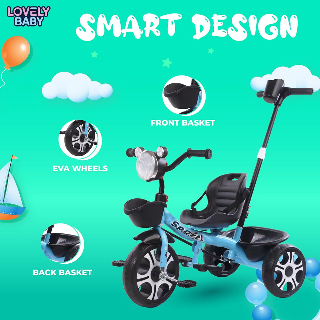 Baby Kids Tricycle with Push Handle & Seat Belt | Ready to Ride 100% Assembled | Light, Music & Basket for Ages 1-3 Years