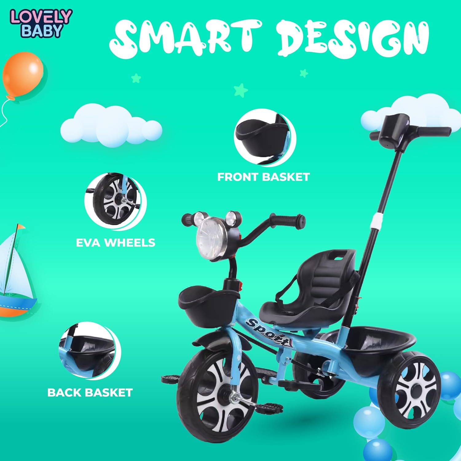 Baby Kids Tricycle with Push Handle & Seat Belt | Ready to Ride 100% Assembled | Light, Music & Basket for Ages 1-3 Years
