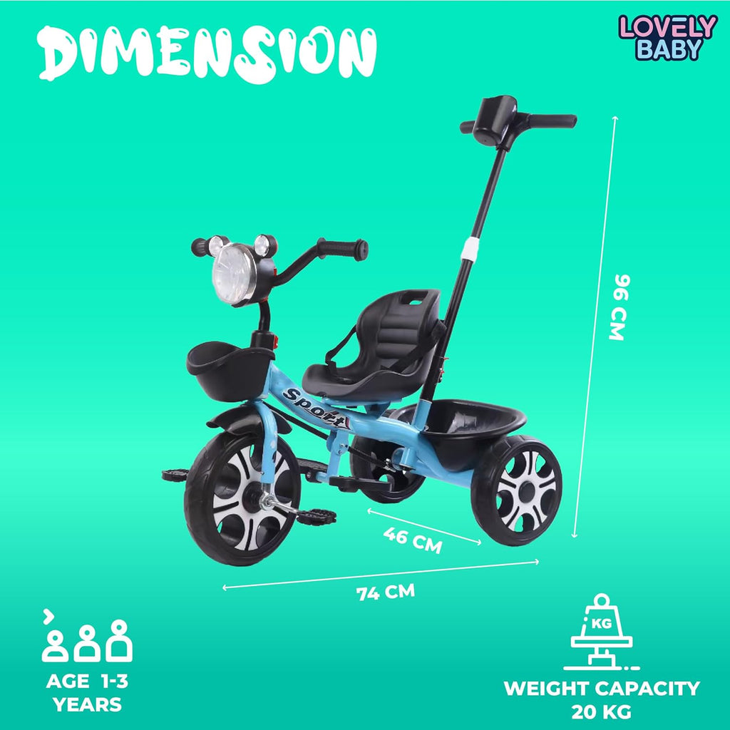 Baby Kids Tricycle with Push Handle & Seat Belt | Ready to Ride 100% Assembled | Light, Music & Basket for Ages 1-3 Years