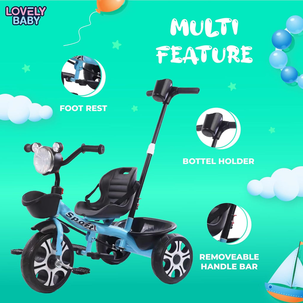 Baby Kids Tricycle with Push Handle & Seat Belt | Ready to Ride 100% Assembled | Light, Music & Basket for Ages 1-3 Years