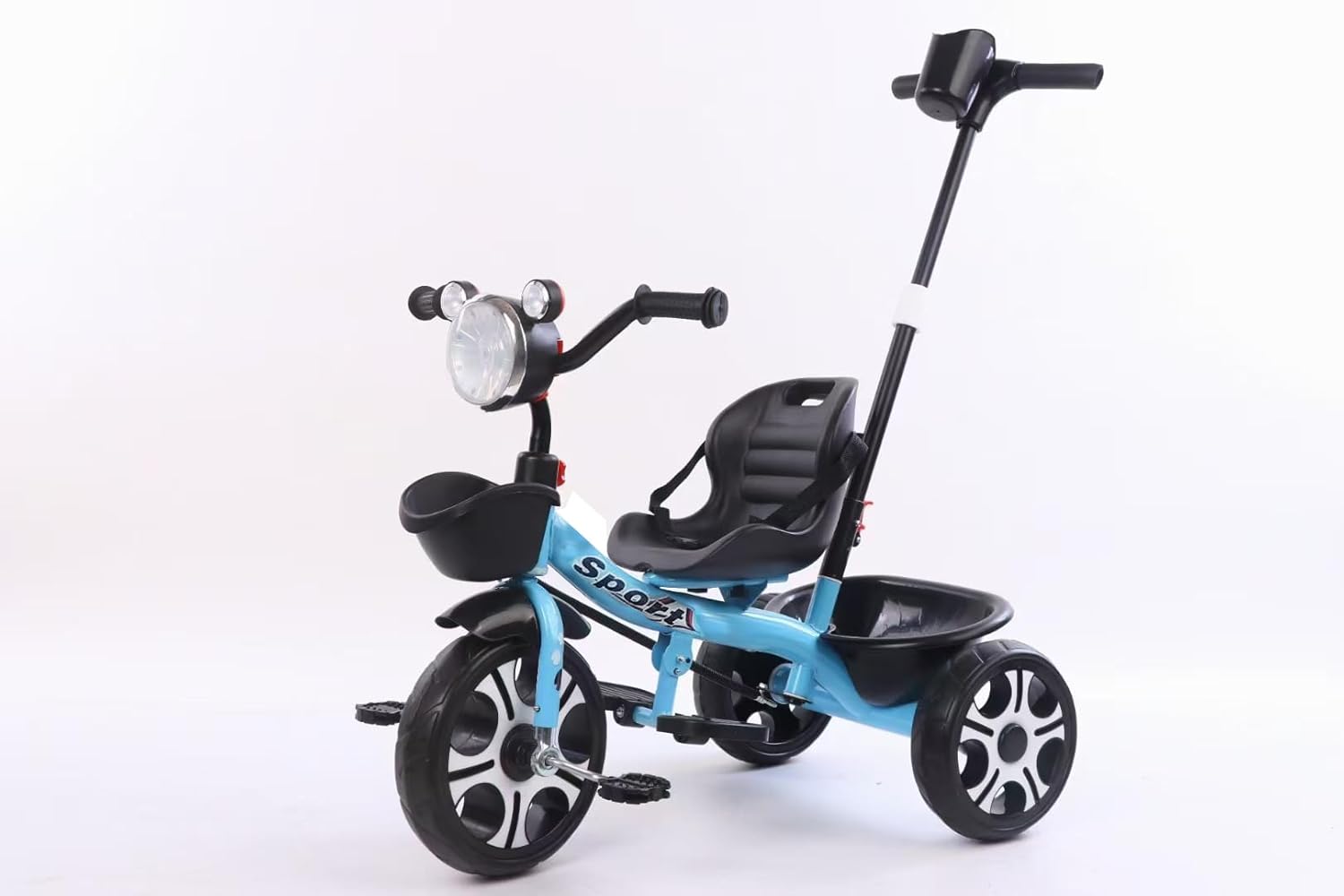 Baby Kids Tricycle with Push Handle & Seat Belt | Ready to Ride 100% Assembled | Light, Music & Basket for Ages 1-3 Years