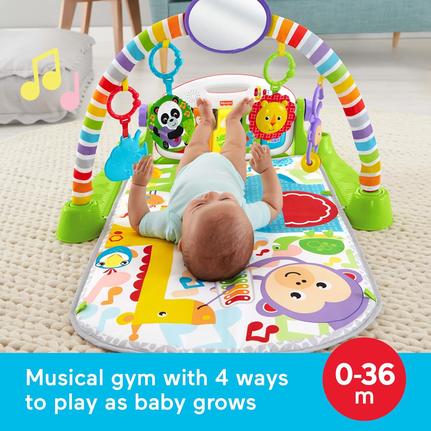 Fisher-Price Deluxe Kick & Play Piano Gym & Maracas Set | 4-Stage Activity Gym for Newborns to Toddlers (0+ Months) | 65+ Songs, Lights, Detachable Piano, Washable Mat