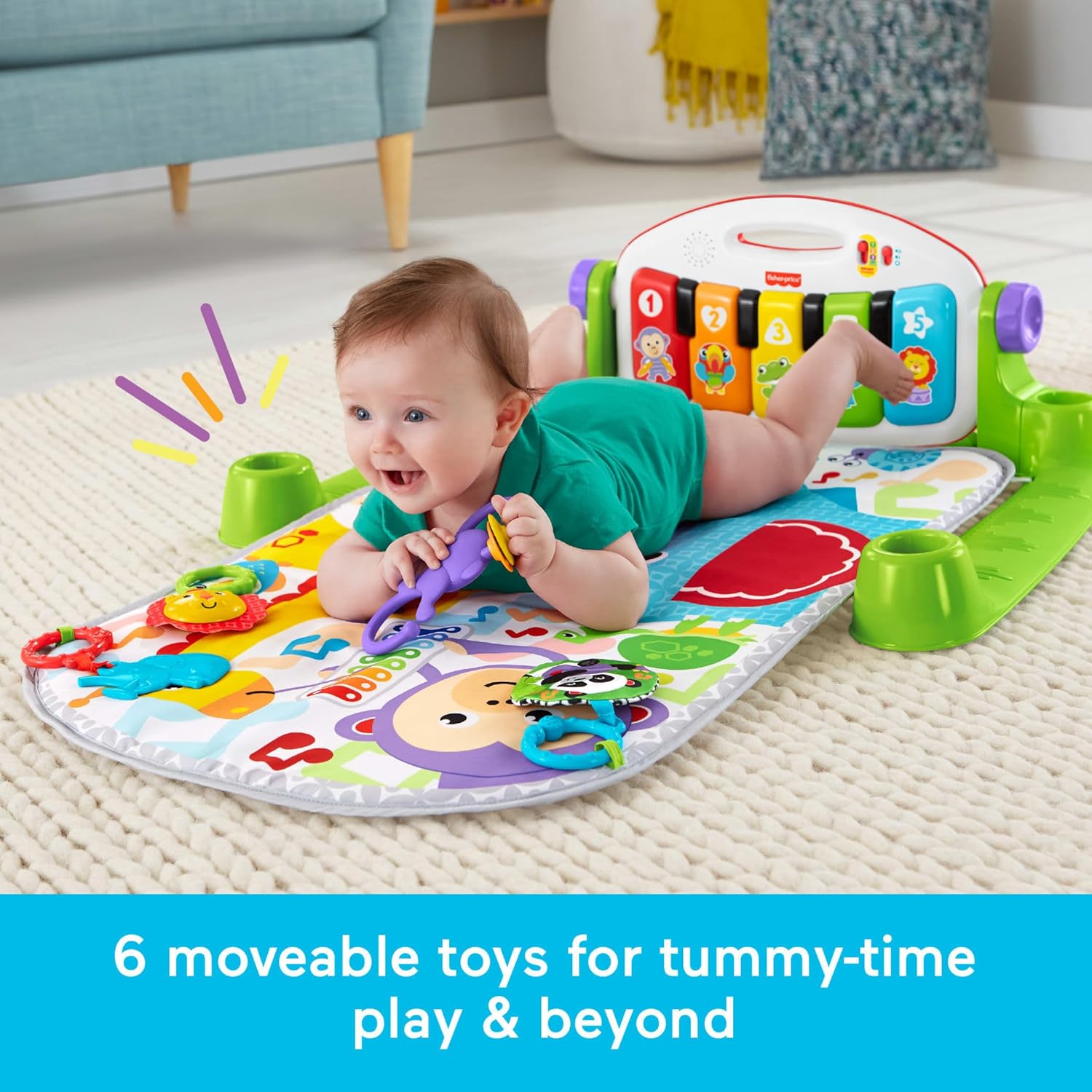 Fisher-Price Deluxe Kick & Play Piano Gym & Maracas Set | 4-Stage Activity Gym for Newborns to Toddlers (0+ Months) | 65+ Songs, Lights, Detachable Piano, Washable Mat