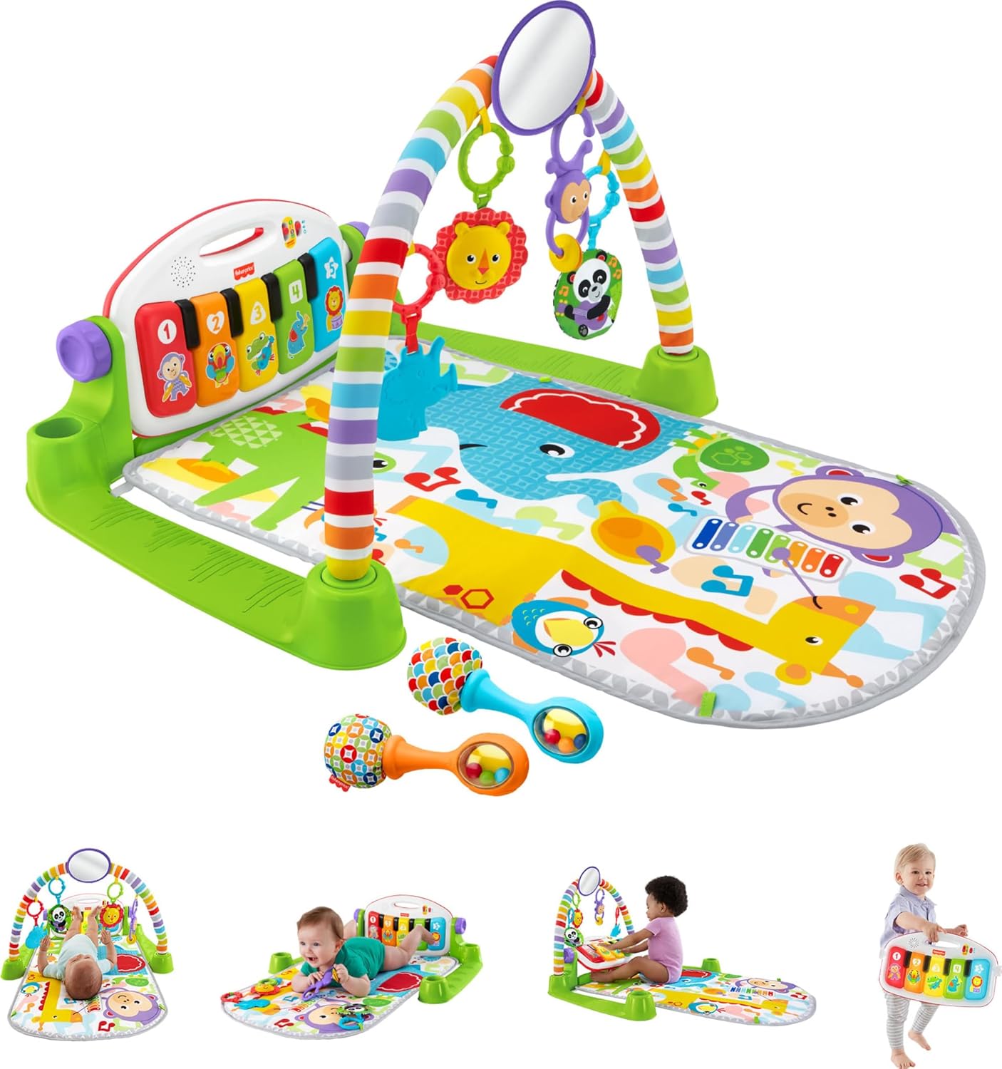 Fisher-Price Deluxe Kick & Play Piano Gym & Maracas Set | 4-Stage Activity Gym for Newborns to Toddlers (0+ Months) | 65+ Songs, Lights, Detachable Piano, Washable Mat