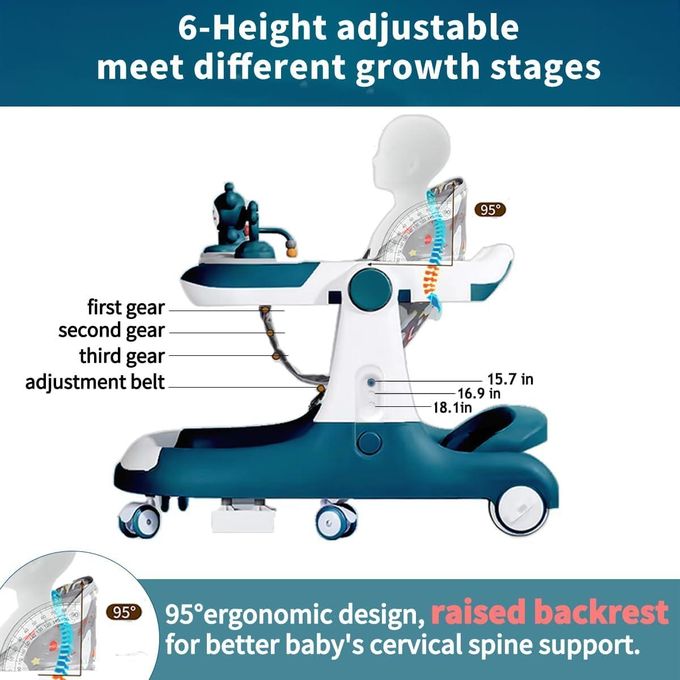 Baby Walker with Wheels | 3-in-1 Learning Walker, Infant Activity Center with Music & Steering Wheel | Adjustable Height & Speed, Anti-Rollover, for 6+ Months