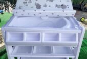 Baby Bathtub and Changing Table 2-in-1 | Portable Diaper Changing Station with Foldable Stand, Wheels & Storage | For Newborn & Infant Nursery
