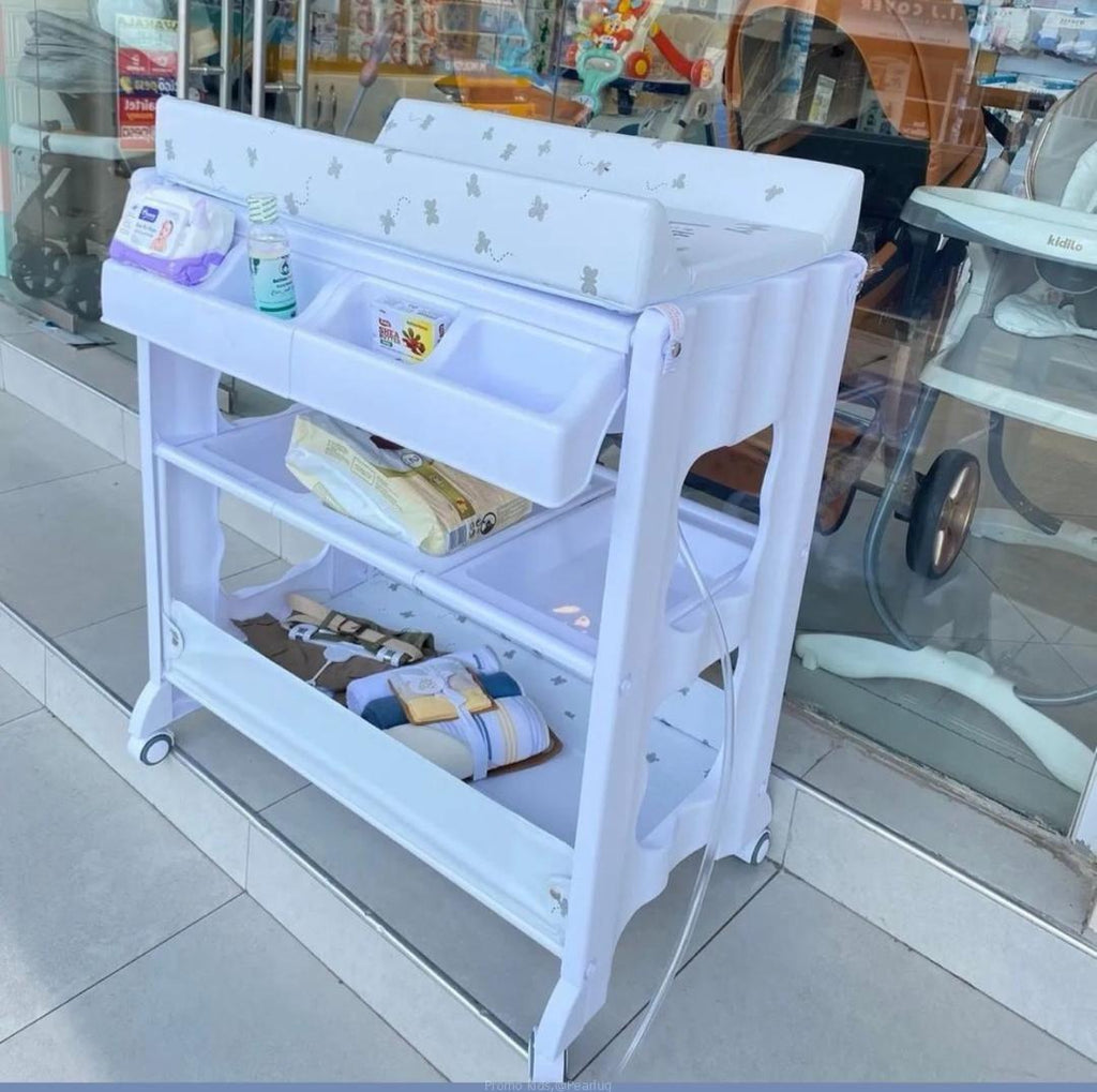 Baby Bathtub and Changing Table 2-in-1 | Portable Diaper Changing Station with Foldable Stand, Wheels & Storage | For Newborn & Infant Nursery