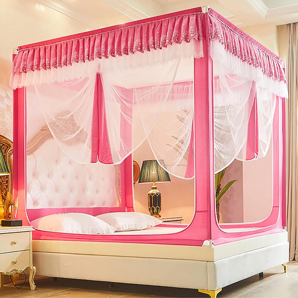 Dark Pink Twin Bed Netting Canopy Frame - 3-Door Mosquito Tent with Stainless Steel Stand & Fitted Sheet Wrap, for Kids & Adults