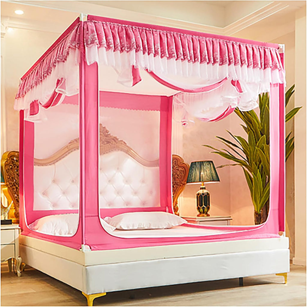 Dark Pink Twin Bed Netting Canopy Frame - 3-Door Mosquito Tent with Stainless Steel Stand & Fitted Sheet Wrap, for Kids & Adults