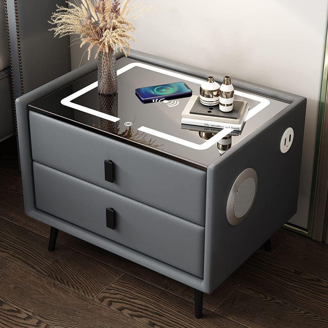 Smart Nightstand with 2 Drawers, USB Ports, Wireless Charging, LED Lights & Bluetooth Speaker (Dark Gray, 35cm/13.8in) - LIFE STORES UGANDA