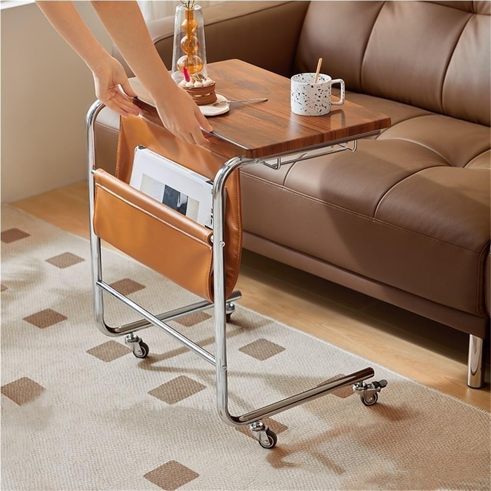 C-Shaped 2-Tier End Table with Wheels – Mobile Sofa Side Table with PU Leather Pocket & 3 Storage Spaces (Modern Metal Frame Design)
