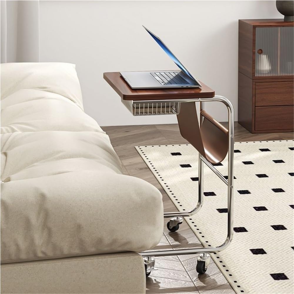C-Shaped 2-Tier End Table with Wheels – Mobile Sofa Side Table with PU Leather Pocket & 3 Storage Spaces (Modern Metal Frame Design)