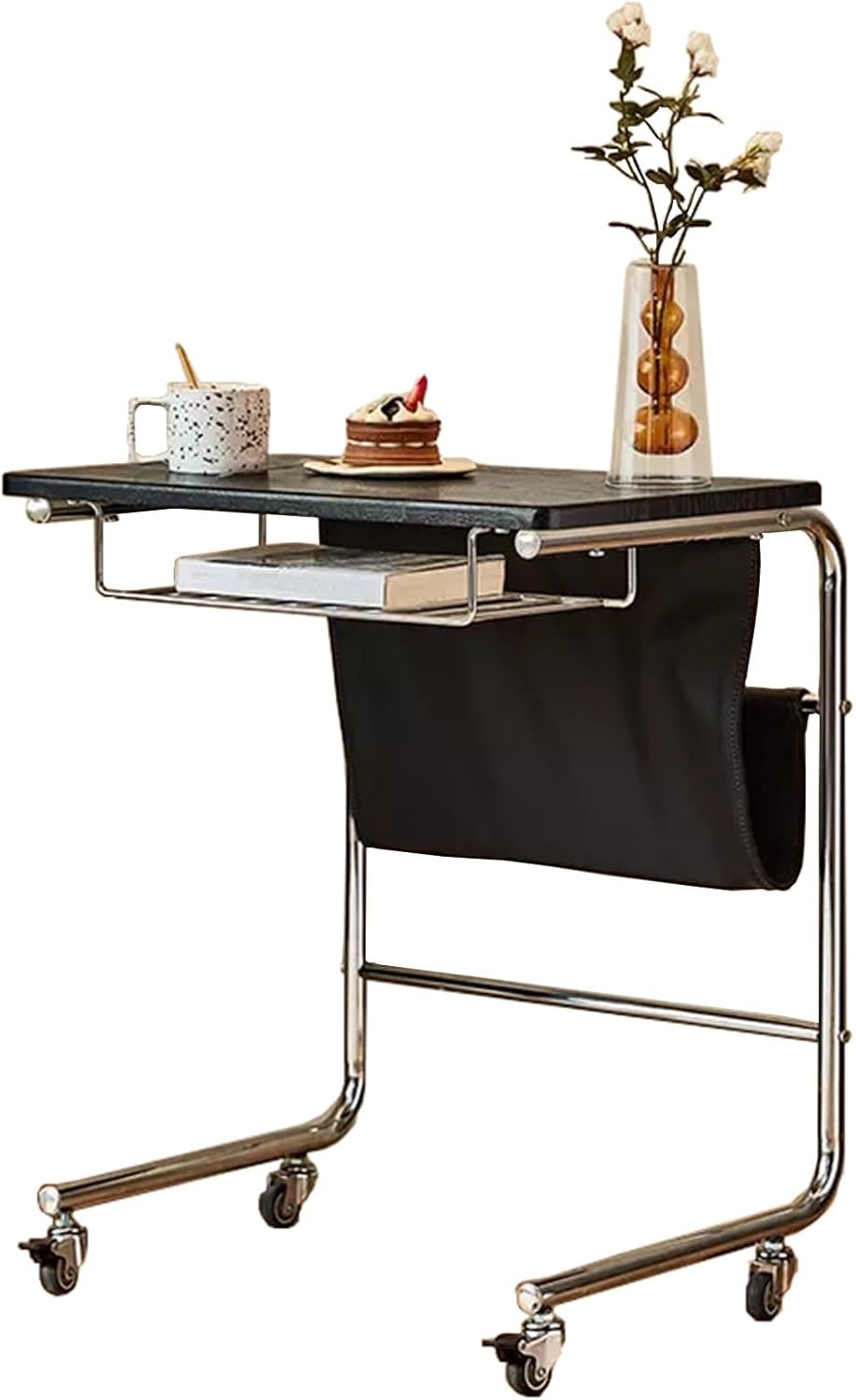 C-Shaped 2-Tier End Table with Wheels – Mobile Sofa Side Table with PU Leather Pocket & 3 Storage Spaces (Modern Metal Frame Design)