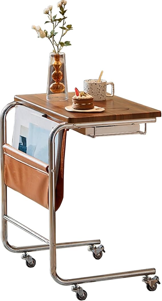 C-Shaped 2-Tier End Table with Wheels – Mobile Sofa Side Table with PU Leather Pocket & 3 Storage Spaces (Modern Metal Frame Design)
