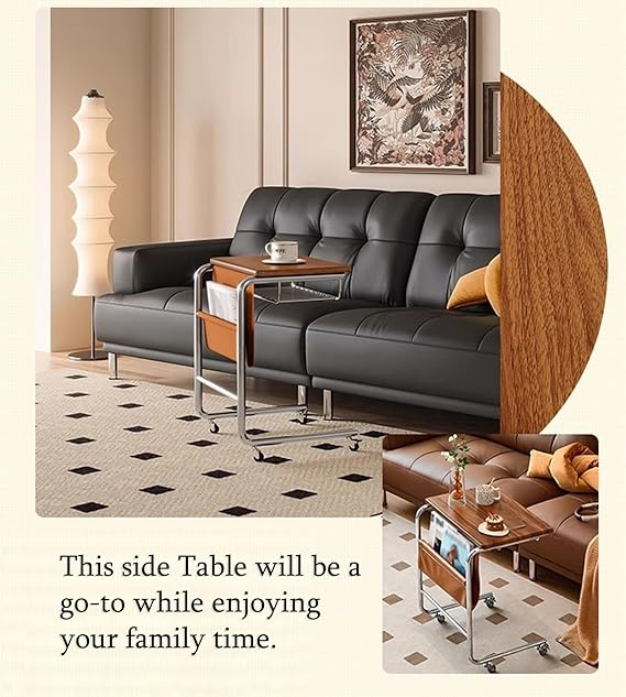 C-Shaped 2-Tier End Table with Wheels – Mobile Sofa Side Table with PU Leather Pocket & 3 Storage Spaces (Modern Metal Frame Design)