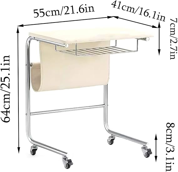 C-Shaped 2-Tier End Table with Wheels – Mobile Sofa Side Table with PU Leather Pocket & 3 Storage Spaces (Modern Metal Frame Design)