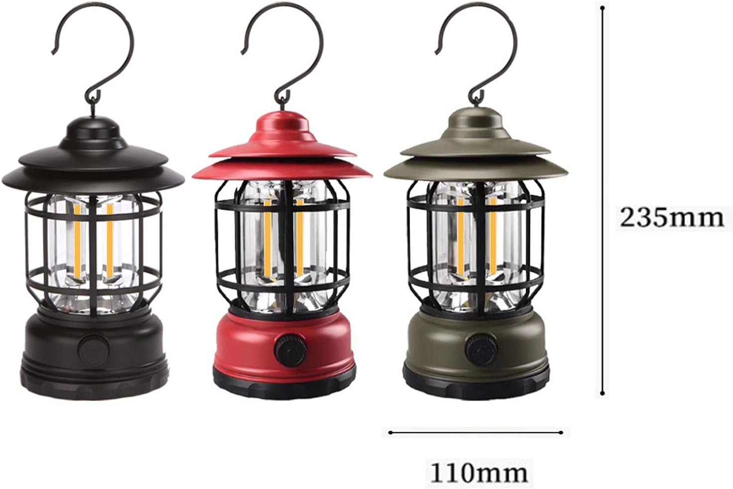 Retro LED Camping Lantern – USB Rechargeable, IPX4 Waterproof, 360° Illumination with Dimmable Modes for Camping, Hiking & Emergency (Black/Red/Green)