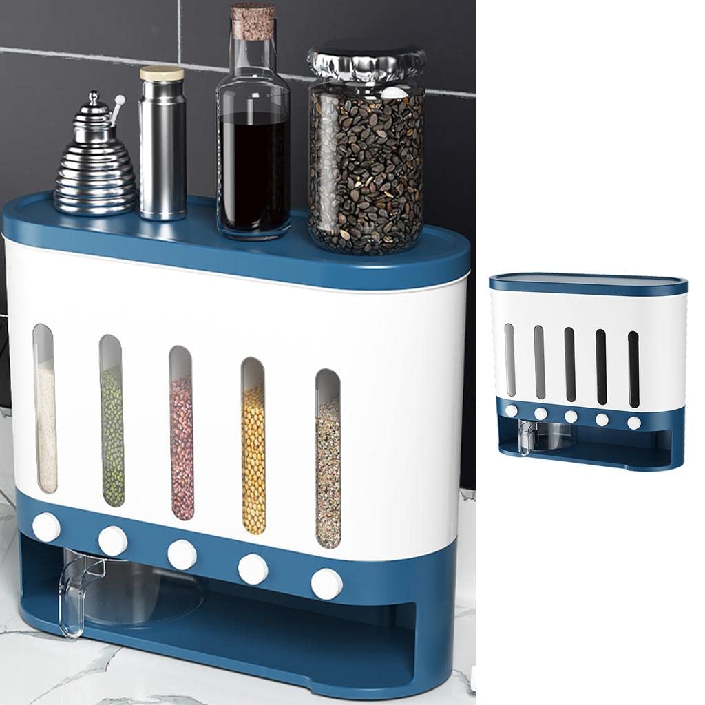 Wall-Mounted Cereal Storage Box – Blue Multi-Grid Moisture-Proof Grain Dispenser