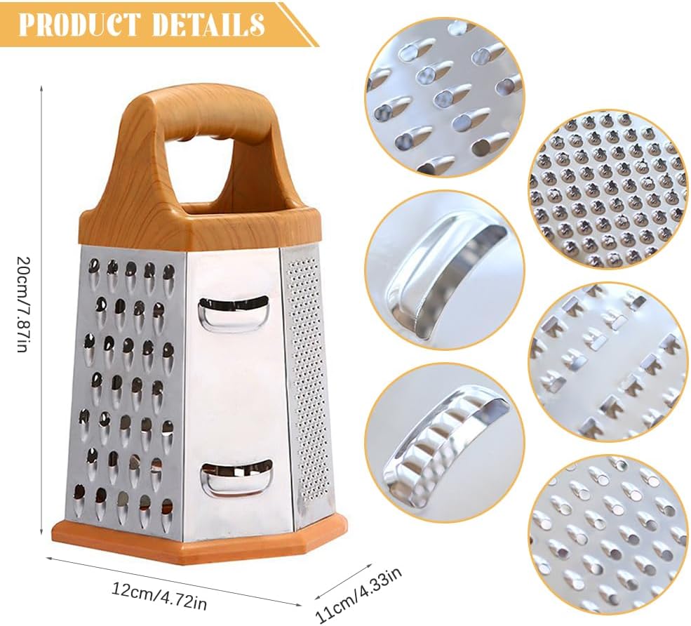 6-Sided Stainless Steel Box Grater – Sharp 304 Rust-Free Blades, Easy Grating & Slicing, Non-Slip Grip