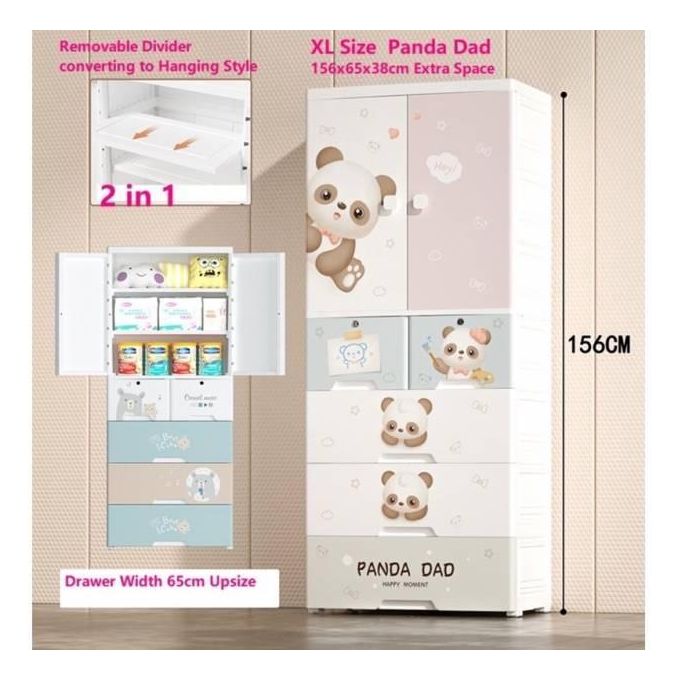 Panda Dad XL Baby Wardrobe 156cm | 2-in-1 Storage Cabinet, Large Capacity Plastic Closet with Hanging Space & Drawers | Nursery Organization for Clothes, Toys, Diapers