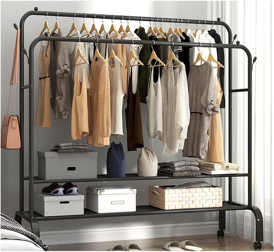 Double-Pole Freestanding Clothes Rail | Rolling Garment Rack with Shelves & Wheels