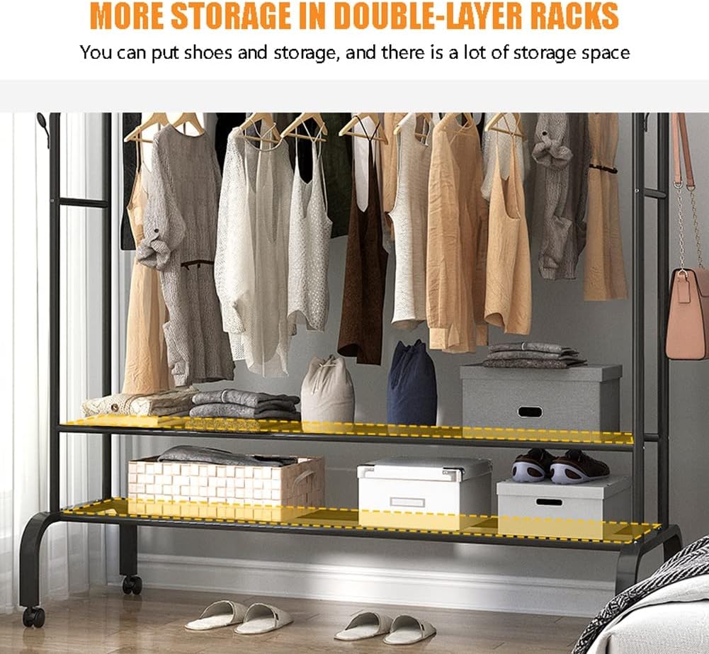 Double-Pole Freestanding Clothes Rail | Rolling Garment Rack with Shelves & Wheels