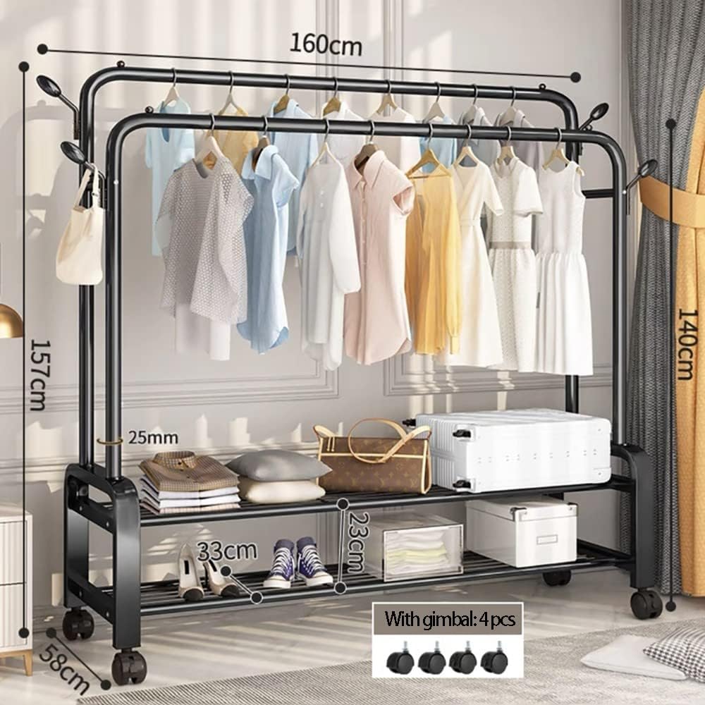 Double-Pole Freestanding Clothes Rail | Rolling Garment Rack with Shelves & Wheels