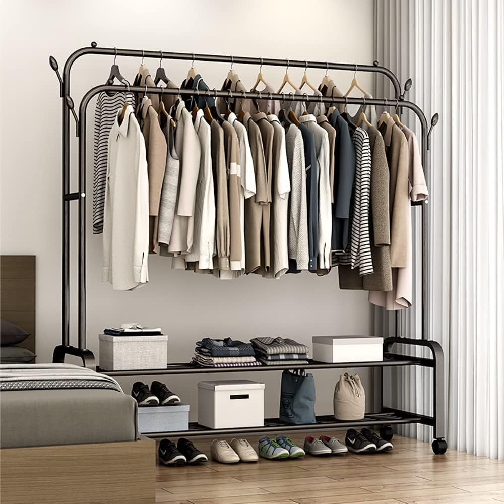 Double-Pole Freestanding Clothes Rail | Rolling Garment Rack with Shelves & Wheels