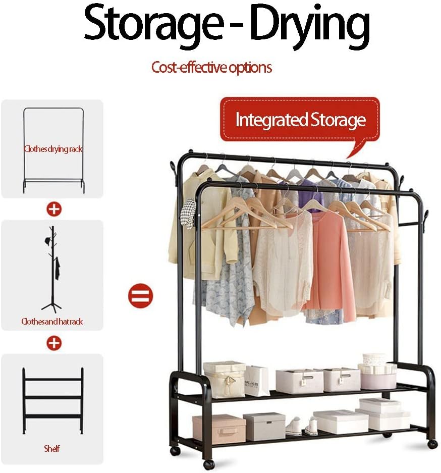 Double-Pole Freestanding Clothes Rail | Rolling Garment Rack with Shelves & Wheels