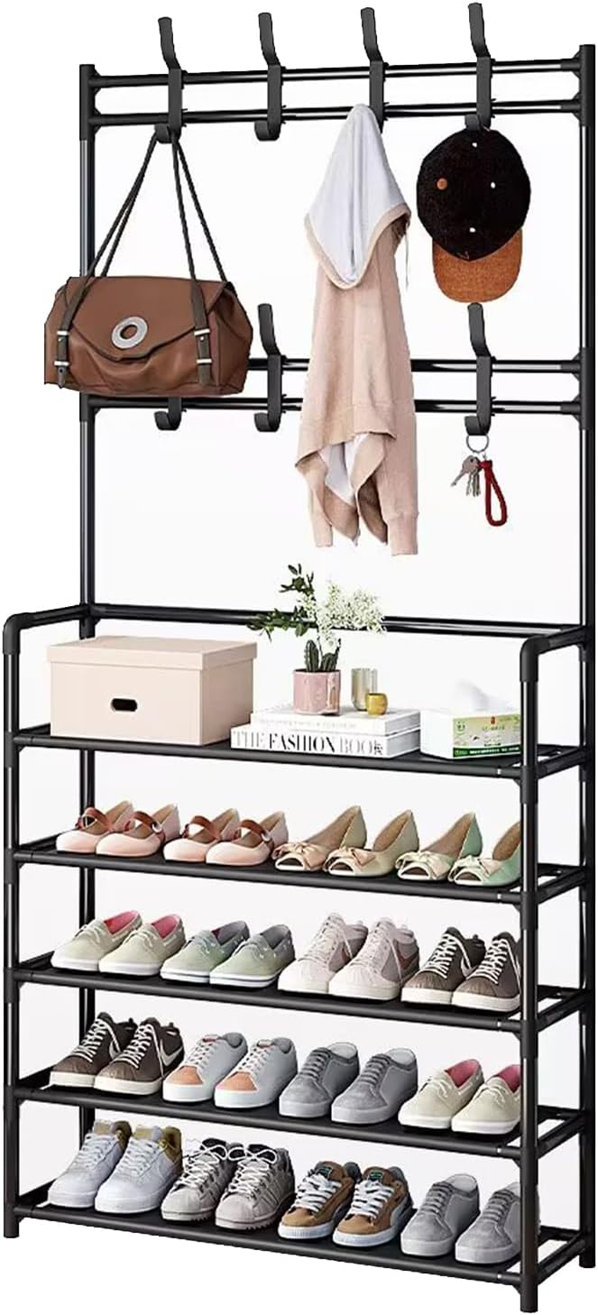 5-Tier Coat Rack with Shoe Storage - 8-Hook Hall Tree with Side Organizer for Entryway, Living Room & Hallway