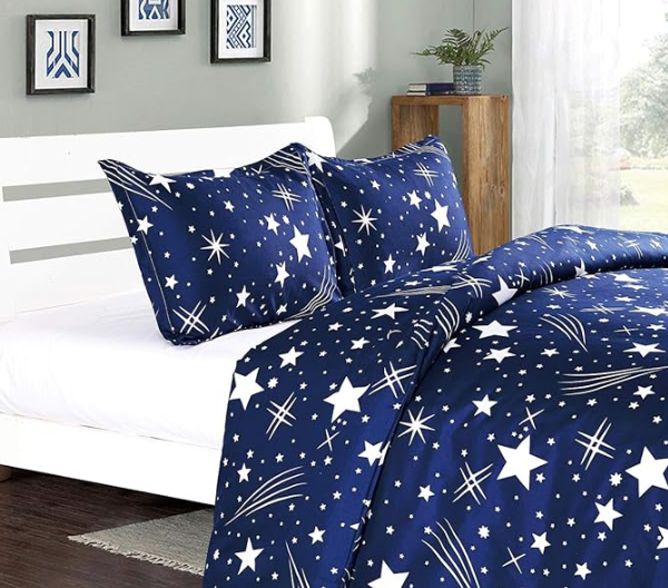 Cute Star Pattern Duvet Set | Navy Blue 5x6 Bedding with 1 Bed Sheet & 2 Pillowcases