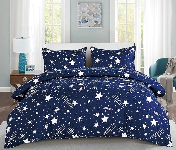 Cute Star Pattern Duvet Set | Navy Blue 5x6 Bedding with 1 Bed Sheet & 2 Pillowcases