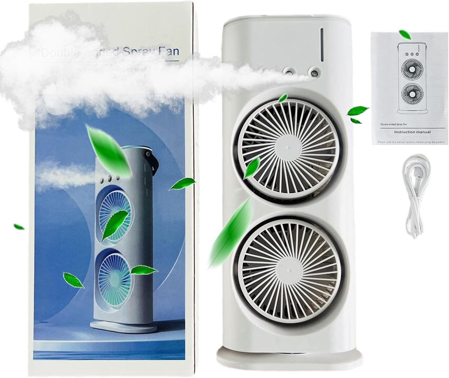 Double-Ended Spray Fan – 2-in-1 Portable Air Cooler & Humidifier with LED Light, USB Rechargeable, 3-Speed Cooling