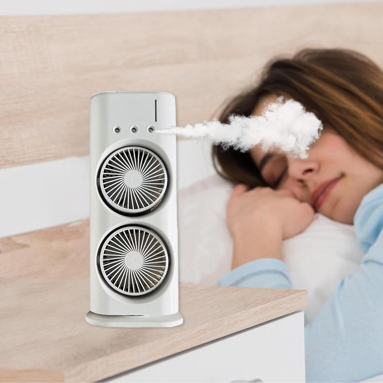 Double-Ended Spray Fan – 2-in-1 Portable Air Cooler & Humidifier with LED Light, USB Rechargeable, 3-Speed Cooling