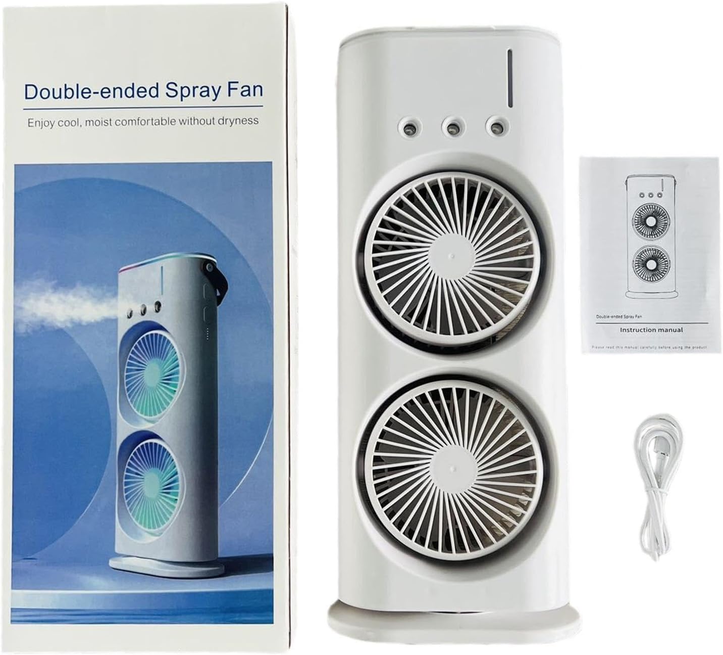 Double-Ended Spray Fan – 2-in-1 Portable Air Cooler & Humidifier with LED Light, USB Rechargeable, 3-Speed Cooling
